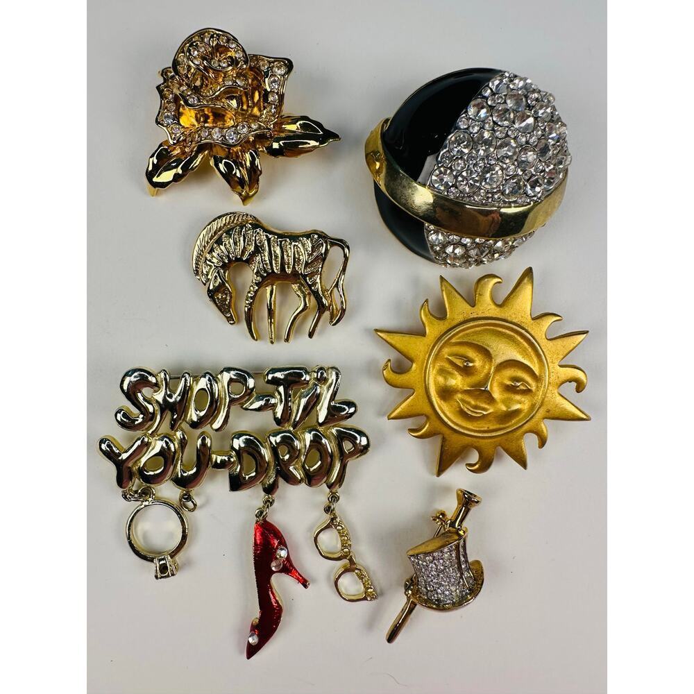 Vintage Goldtone and Rhinestone Brooch Pin Bundle Zebra, Top Hat, Rose